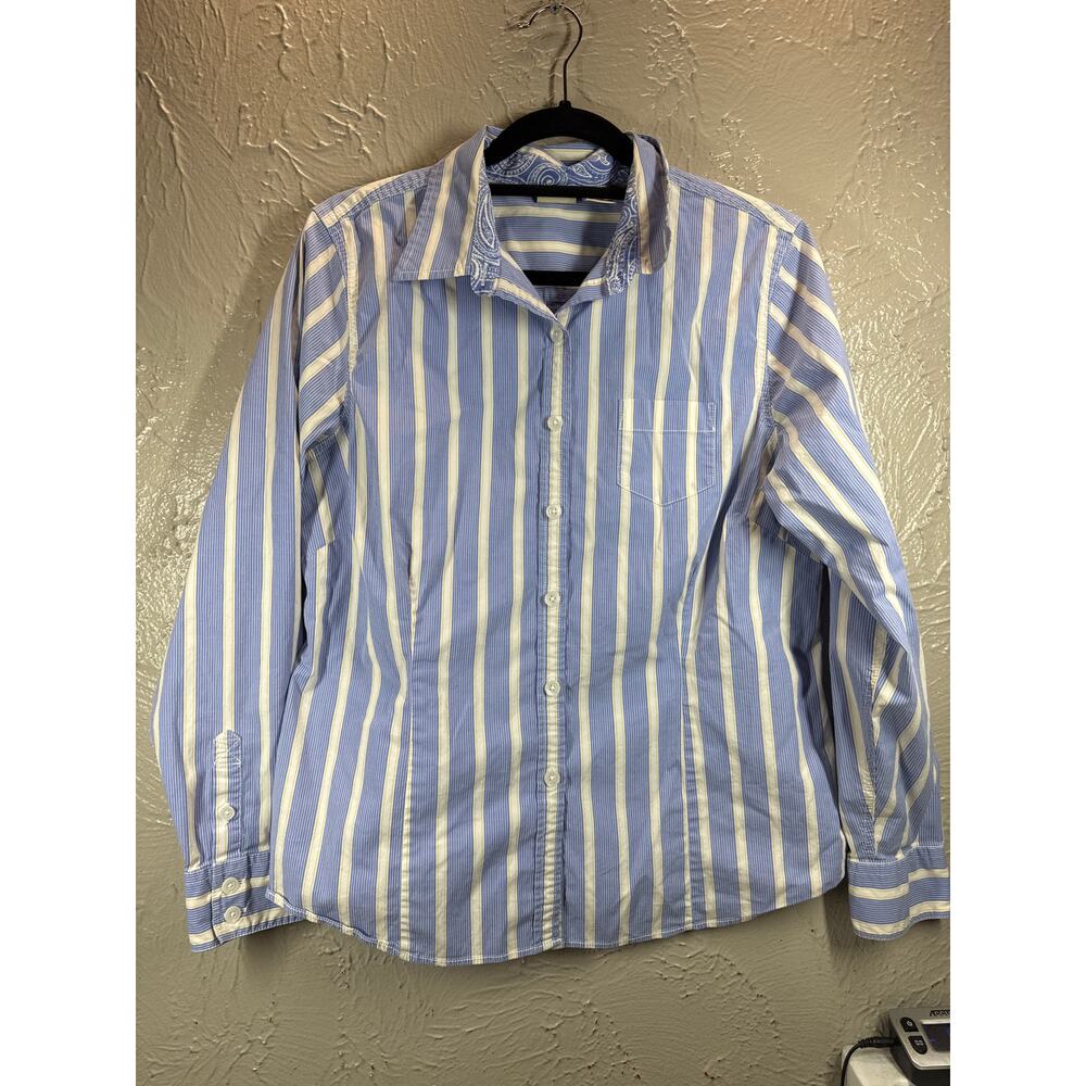 LL Bean Womens Button Up Blue White Striped Shirt Long Sleeve‎ Pockets Large